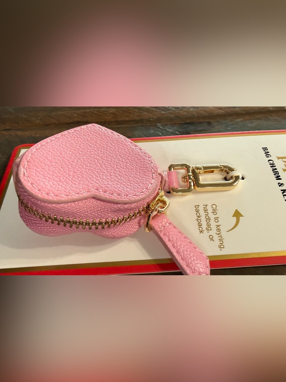 Piper. K Pink Heart Coin Pouch Bag Charm Keychain w/Gold Hardware NWT - Picture 2 of 3